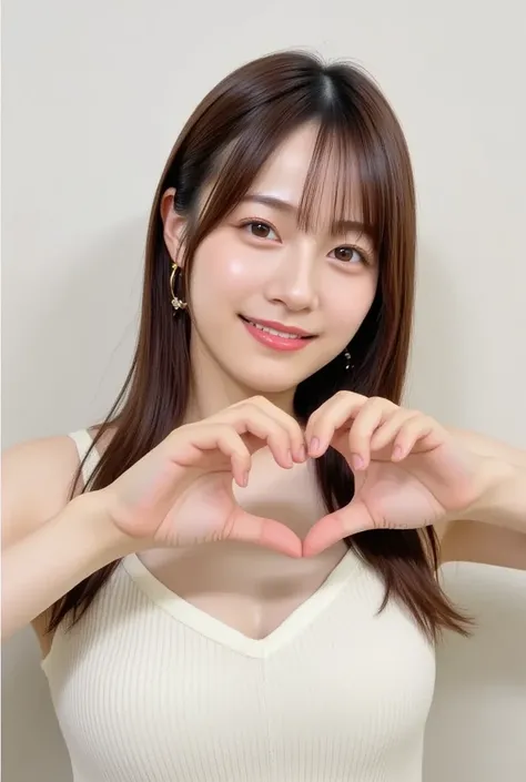  Super Fine、Picture of her face 、She smiles, I&#39;m wearing a camisole,  posing in front of my chest with my hands crossed in the shape of a heart、The background is Edo Castle 、    high definition 、細部にわたって   high definition 