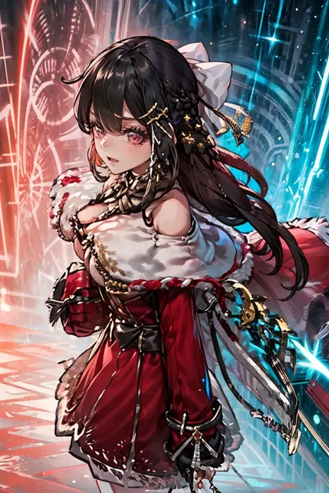 (masterpiece, best quality:1.2), 1girl, solo, black hair, red eyes, long hair, braids, (((cpct, red caplet, red coat of winter's outer, fur trim))), red knee high boots, bare thighs, (((full clothed, shoulders clothed))), red skirt, hair ornament, lolita, ...