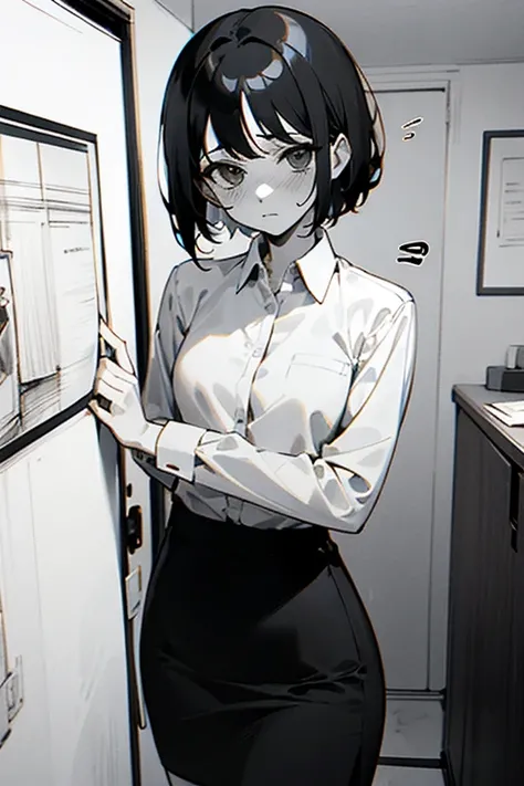 Line drawing, manga style, black and white, monochrome, clean smooth lines, masterpiece, one woman, white long sleeve business shirt, tight skirt, short hair, ((business shirt)), black hair, apartment interior, looking at camera with embarrassed expression...