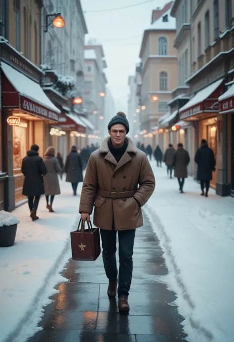 a man and a woman walk down the street of a winter Soviet city