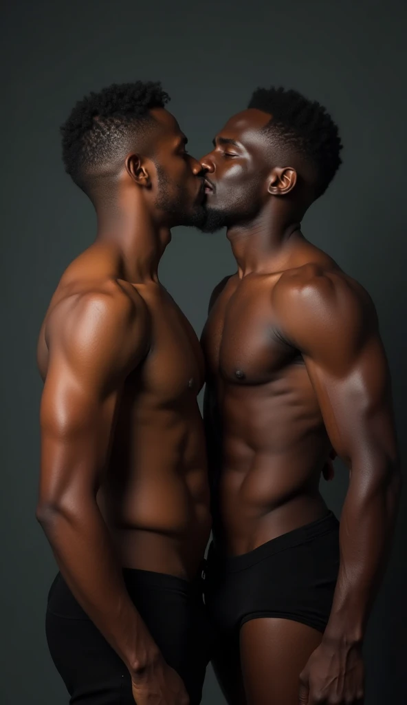 2 hommes noir métisse nu se caressent. L'un est derrière l'autre. Pose de mannequin nu. Homme handsome haïtien.  Fond pourpre. Léger sourire fesses nues. Masturbation. L'un est derriere l'autre gay pénétration anale 