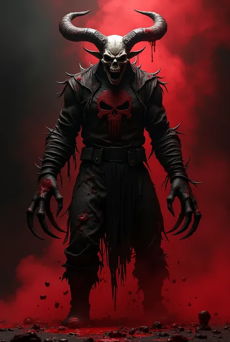 A human figure that have a skull punisher looks like, have a satan horn, the colors is bloody red, he have a wolf teeth with fang, freedy krugger ripped clothes, long iron claws, angry and dangerous, background of blank black with fog effect, character of ...