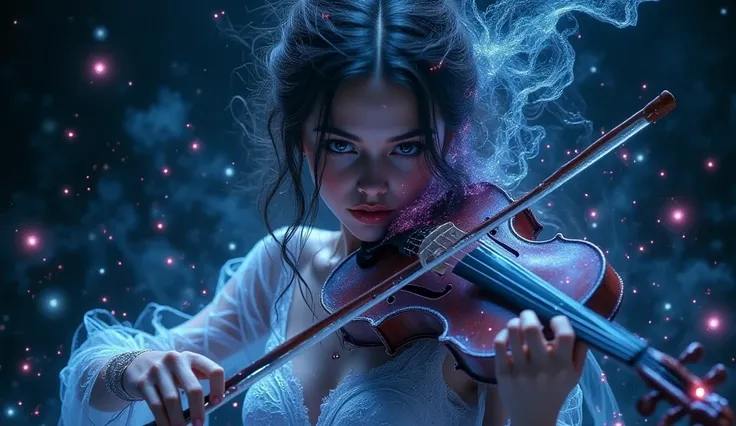 Full body photo of a ghost woman standing while playing the violin, the image is clearly visible (from head to toe)dark and melancholic atmosphere, vibrant galactic color palette blending blues, purples, and blacks, clear and expressive face with subtle em...