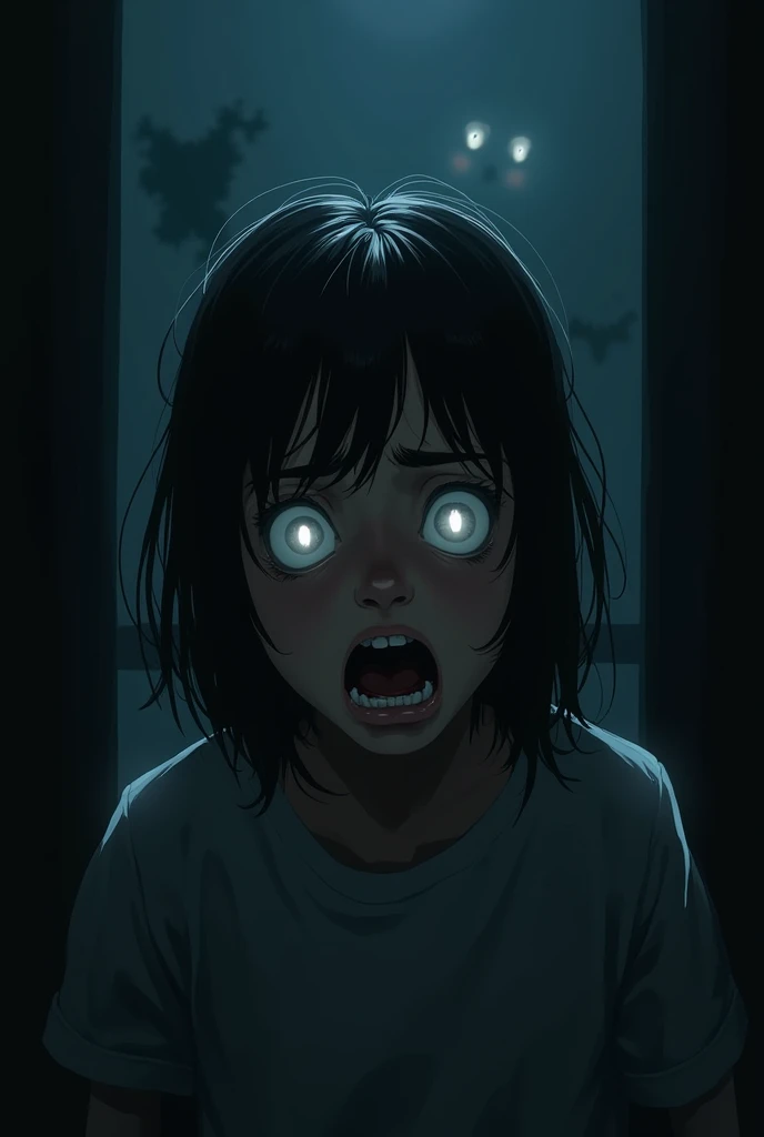 A girl looked horrified seeing something creepy in the dark 

