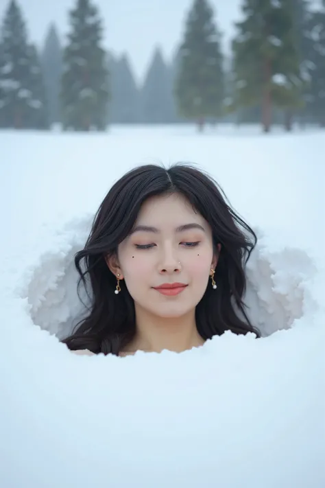 A high resolution photograph of a Japanese woman buried in the snow with only her head sticking out. Intricate details, 8k,