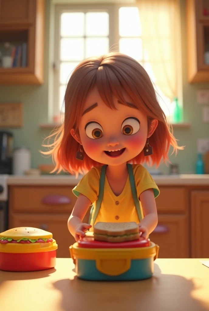 In 3d animated style "Lily grabbing the sandwich and throwing it into a lunchbox, looking determined and sneaky."