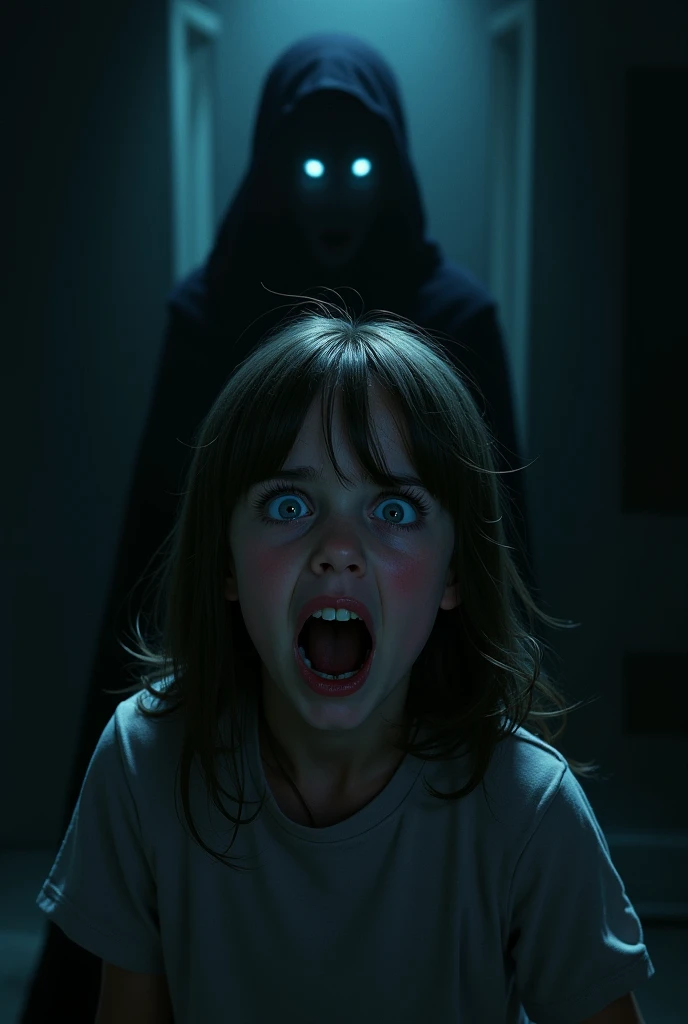 A girl looked horrified seeing something creepy in the dark