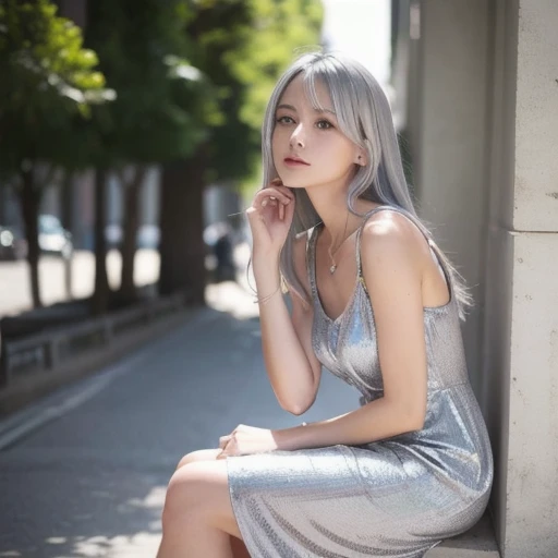  silver-haired woman in dress , 1 Female, Alone,  sundress, photo is present,  realism,  is present, human