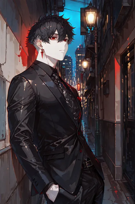 1boy, closed mouth, stoic, Kuroki Ren, empty eyes, red eyes, hair between eyes, black hair, short messy hair, undercut, pale skin, muscular, sexy man, handsome, single red earring, all black suit, solo, leaning against wall, night, urban alley, dim lightin...