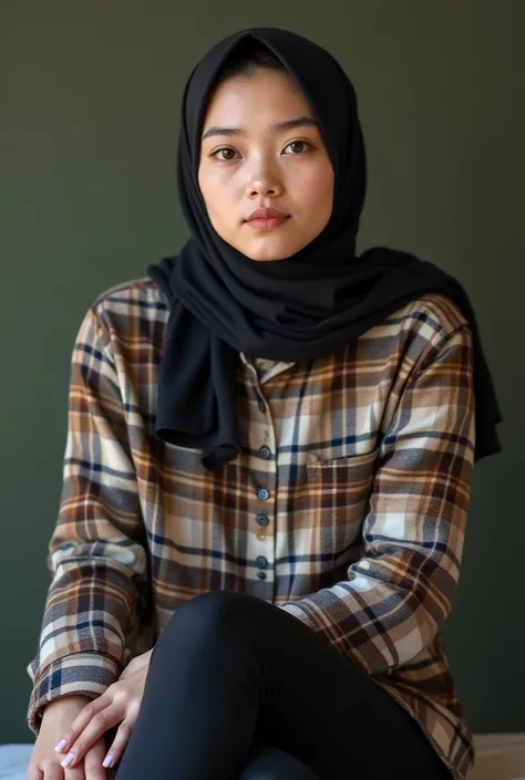  Young Australian girl of 20 years old is very beautiful,  clean white skin , hijab wearing a plaid shirt , open leg sitting leggings 