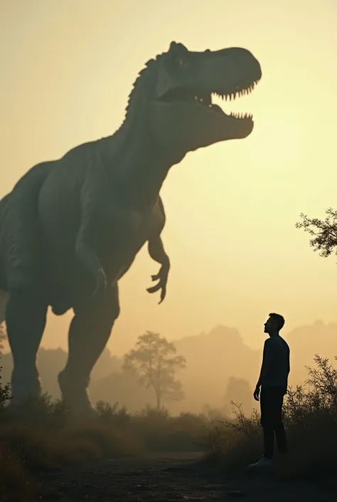 (Suddenly, the ground shakes. The man looks up, eyes wide. A shadow of a massive dinosaur looms overhead. The camera zooms to reveal the silhouette of a large predator—maybe a T. rex or a raptor—standing tall in the distance.)