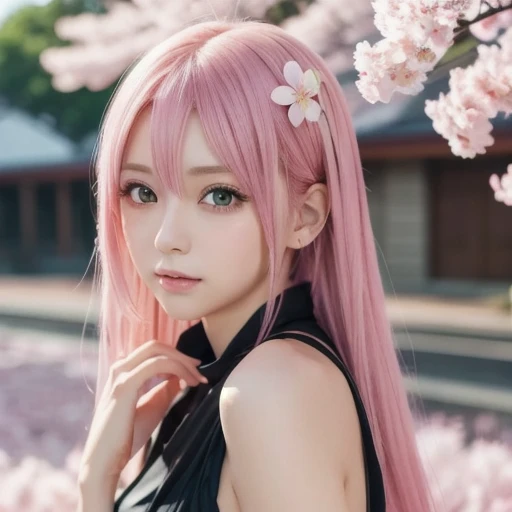  An anime girl with pink hair and green eyes is posing for a photo, Sakura Haruno,  Best Anime 4K Conachan Wallpaper  ,  a seductive anime girl ,  Kitagawa Marin's Fan Art , Cherry blossom petals around her,  splash art anime Lori ,  anime style 4k with AK...