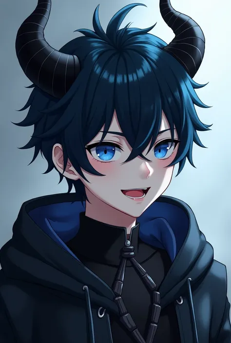  You can create an image for me of a boy with horns black hair and black horns with a blue tuft and has blue eyes tmb and who has fangs, Also that he wears fine black clothes and that the boy only comes out from head to chest and that he is alpha