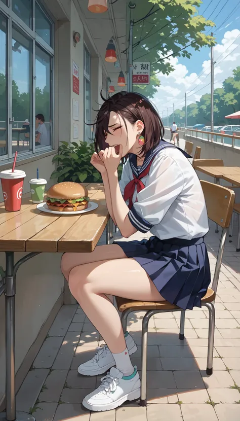 rape, Momose Momo in a school uniform sits in a summer cafe, 18 years old, she holds a huge hamburger in front of her face with both hands, looks at it with admiration, her mouth is wide open, she is about to bite the hamburger, cafe tables with visitors a...