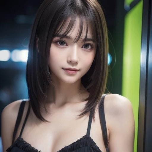 ( full body:1) Young girl,  Smart Casual,  HACKER'S SERVER ROOM,  detailed face, (( cool expression)), ( straight short thin fringed hair:1.2),  super detailed pictures, ( photorealistic), ( complicated details:1),(Masterpiece :1), ( best quality :1),  超 h...