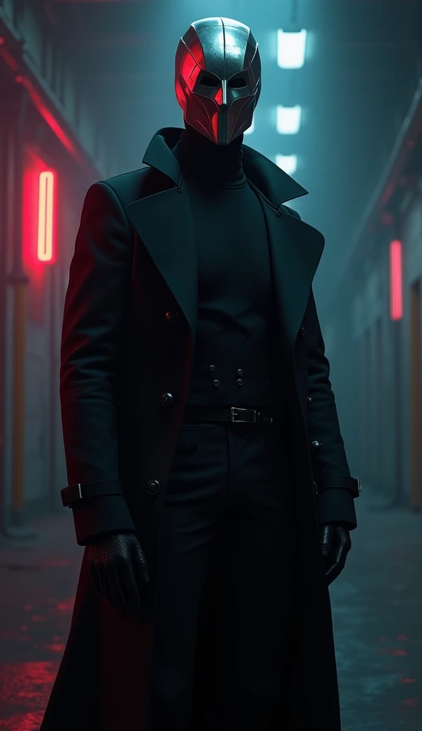 A hyper-realistic interpretation of a "Frontman" character inspired by the aesthetics of Squid Game. The figure stands tall and imposing, wearing a sleek, all-black outfit with sharp, modern tailoring. The signature metallic mask is faceted and angular, re...