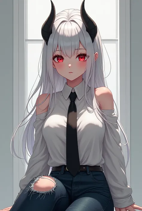 anime girl with black horns on the front of her head, white hair tied back, sparkling red eyes, slight smile, tie, thin white shirt, Y2k emo, original girl ripped jeans, sitting pose