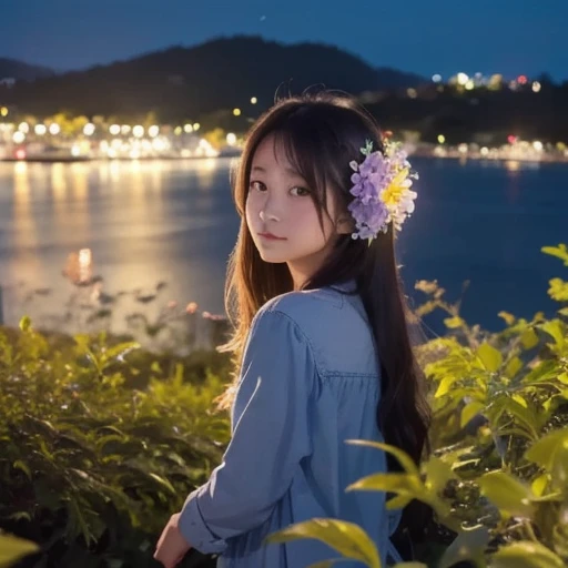  1 girl in the bush, Alone, Masterpiece,  High Quality ,  upper body, Pasture,  watching viewers with the harbor at night in the background , Aiya Altugur, flower,  hair flower,   simple background, 