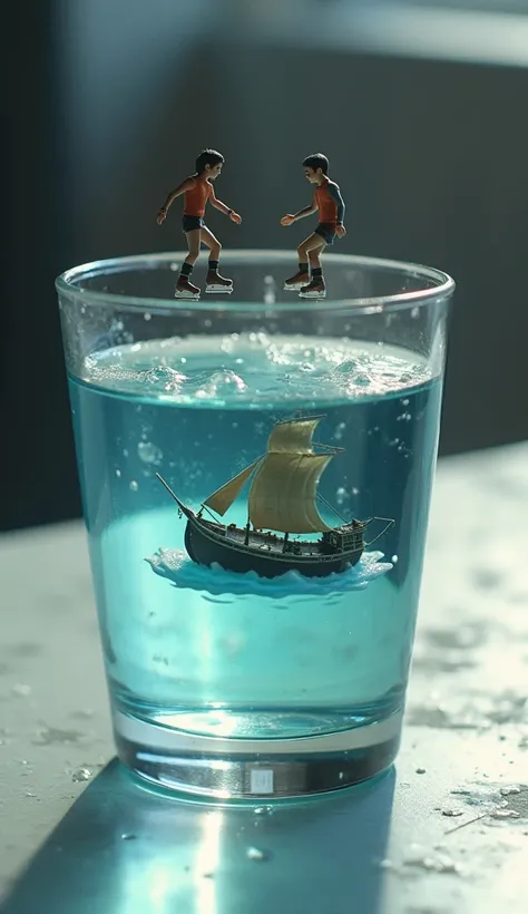 "A cinematic, ultra-realistic 4K drone-shot video capturing a surreal glass of water placed on a table. Inside the glass, two large, detailed thief-style boats are floating and moving across the water, creating realistic ripples. Above the glass, two minia...