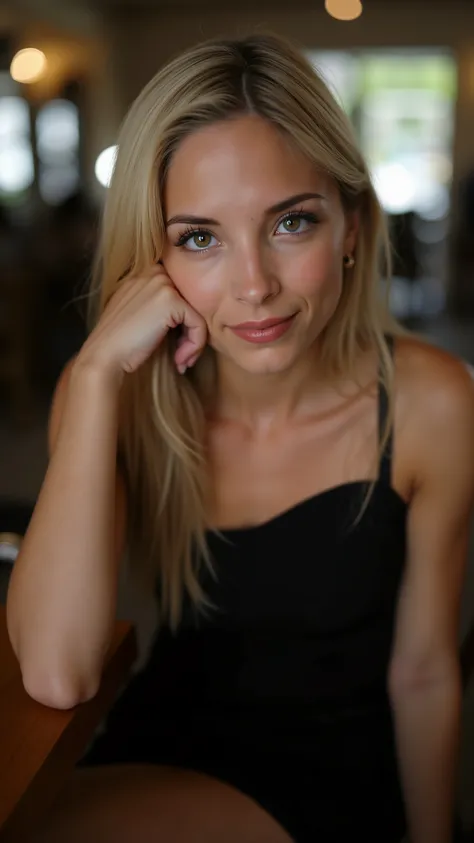 This is a beautiful  closeup photograph of a woman, she has long straight blonde hair swept to one side and dark blue eyes.  Wearing a form fitting  black dress,  Sitting in a cafe. Flirting at the viewer. Smile, Captured with a Sony A7R IV camera and a 50...