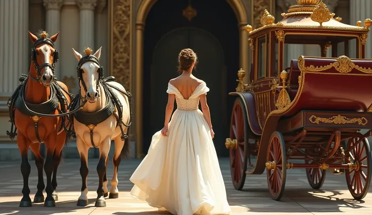 A grand royal palace entrance with intricate architectural details. A graceful princess, dressed in a flowing white gown, is elegantly stepping down from an old-fashioned, ornate carriage. The carriage, made of carved wood with golden accents, is drawn by ...