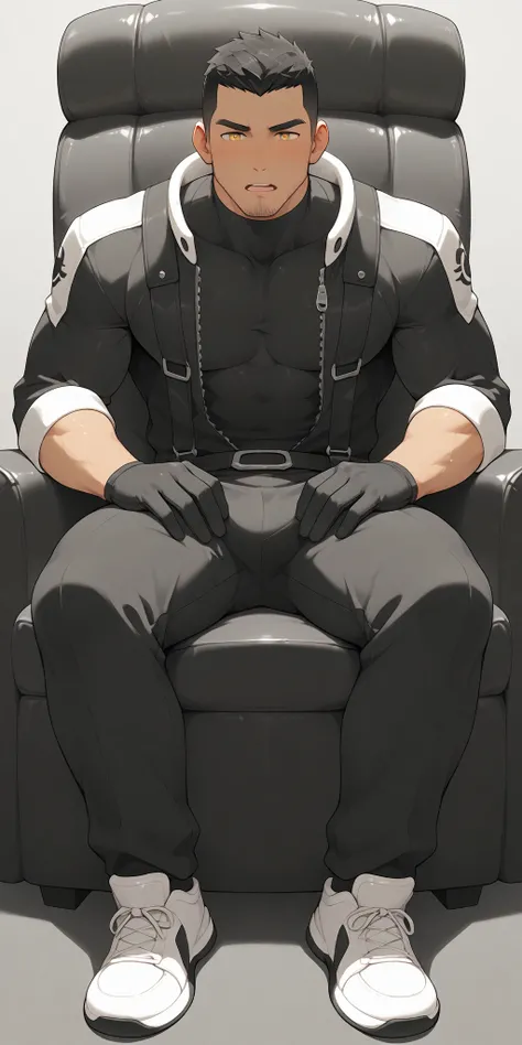 anime characters：Gyee, whole body, In a clean and tidy bedroom, Sit on an upscale sofa massage chair, The top is all meat pads, It has lots of milky white mucus on it, He grits his teeth, He's wearing a grey maintenance worker's suit, Wear a black turtlene...