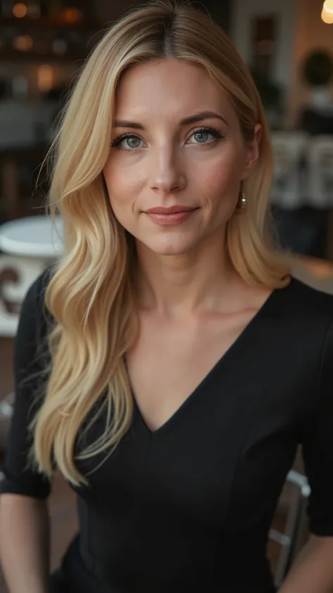 This is a beautiful closeup photograph of a woman, she has long straight blonde hair and dark blue eyes. Wearing a form fitting boatneck dress, Sitting in a cafe. Flirting at the viewer. Smile, Captured with a Sony A7R IV camera and a 50mm f/1.2 G Mast...