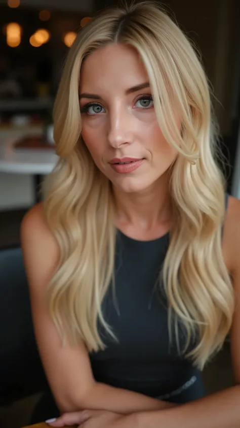 This is a beautiful  closeup photograph of a woman, she has long straight blonde hair and dark blue eyes.  Wearing a form fitting  boatneck dress,  Sitting in a cafe. Flirting at the viewer. Smile, Captured with a Sony A7R IV camera and a 50mm f/1.2 G Mast...