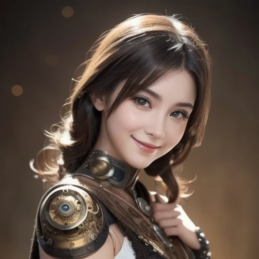  smiling girl wearing a bionic arm in steampunk fashion,  Against the backdrop of、 Photorealistic and Beautiful Lighting  . This masterpiece is of the highest quality、It is set on a zentangle abstract background (Weighting 1.4).