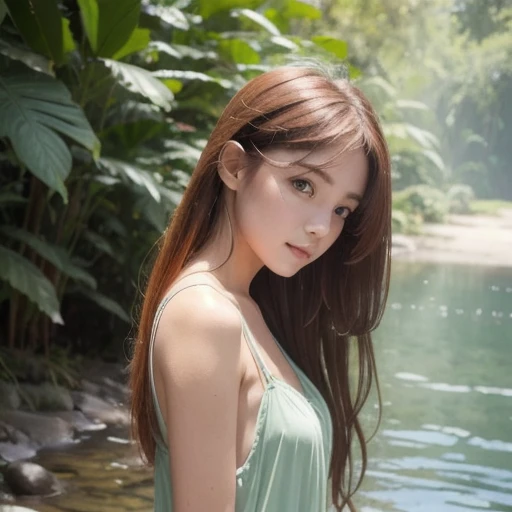 (Masterpiece,  best quality ), (( 1 girl in the bush, Alone,  long hair)), Ishmael_edge,   must be kept with an innocent expression, Bare wrist,  shoulder out, Bareneck, watercolor,  sundress, liquid clothes , water, Wave, water dress, green_theme,   knigh...