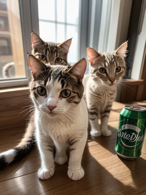 An angry white cat and kittens with Sprite cans, Sprite advertising, Sprite merchandising,extremely detailed white cat,photorealistic,highly detailed,8K,masterpiece,vivid colors,beautiful lighting,dynamic composition,cinematic,editorial,product photograph
