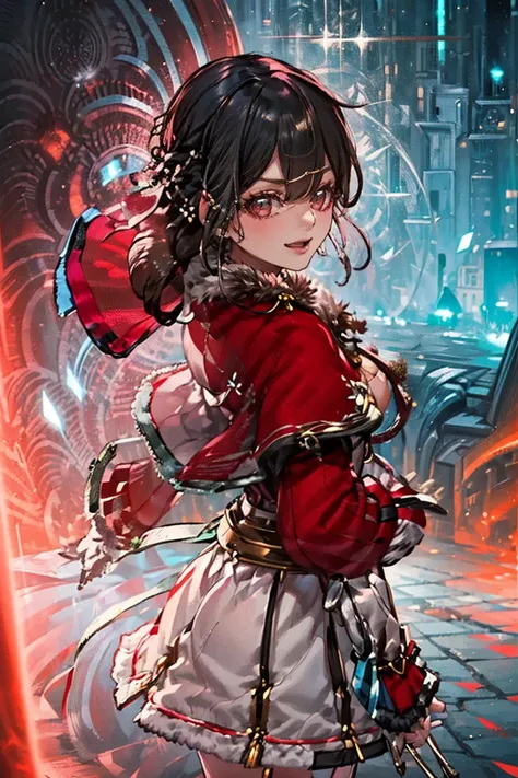 (masterpiece, best quality:1.2), 1girl, solo,  (((front view and front shot, from forward:1.2))), black hair, red eyes, long hair, braids, (((red clothes, cpct, red caplet, red fur coat, winter's outer,  red skirt, red knee high boots, bare thighs:1.2))), ...