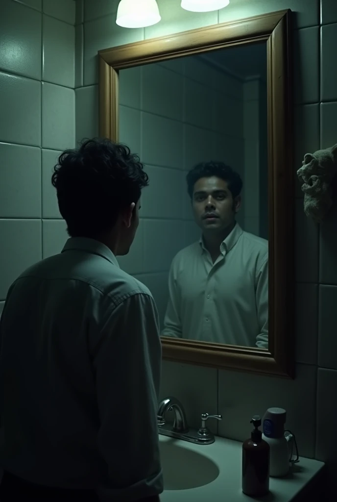 A realistic shot of a bathroom mirror, where a faint, ghostly figure appears behind the reflection of Vikrant, creating a chilling moment.