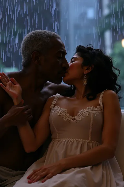 An old man black skin lip kiss,a beautiful young woman lying on Bed,Rain outside the Window wearing white deep V neck open lace nightdress sexy lingerie,deep cleavage,breast,lip kiss old man.