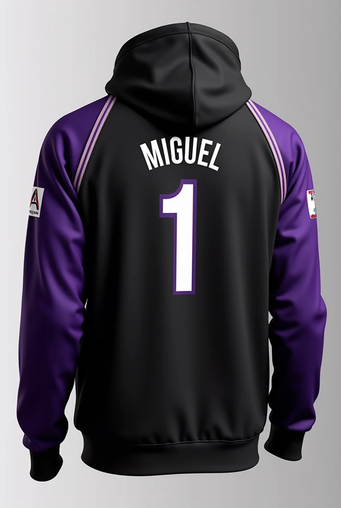 Create a sublimation Basketball warmer hoodie with a color of black and violet with a team named “concorde hood” at the front of the jersey and a surname “miguel” with a no. 1 jersey. Show the front and back of design