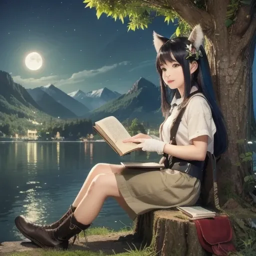 Masterpiece,  best quality ,,  1 girl in the bush,  is sitting, animal, animal ears, bird, black_hair, Books, Booksmark, branch,  gloves, ãã©ã¹ , green hair,  holding,  holding Books, Food, Food down, leaf,  watching viewers with the harbor at night in the...