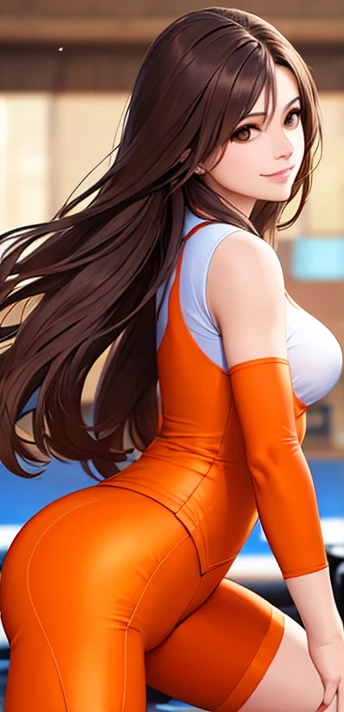 woman, smile, long hair brown, normal, she is solo, from alternative world ,best quality, realistic, cycling orange color suit and cycling sports shorts