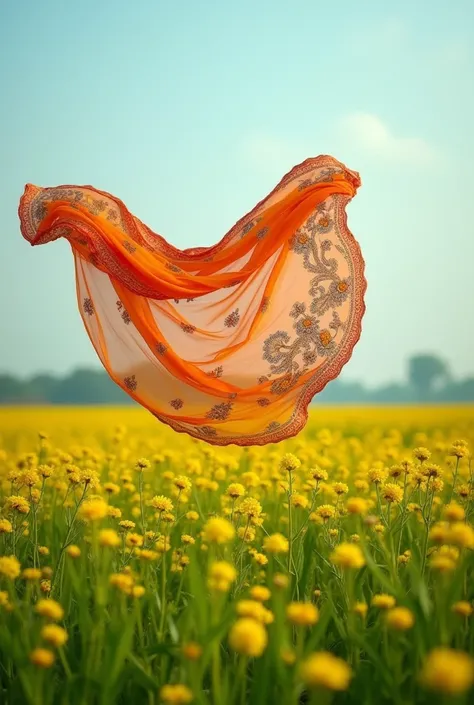 "Create an image focused on a vibrant chiffon dupatta with traditional embroidery, flying in the air against the backdrop of lush green fields and bright mustard flowers. The dupatta moves gracefully with the breeze, adding a sense of freedom and elegance....