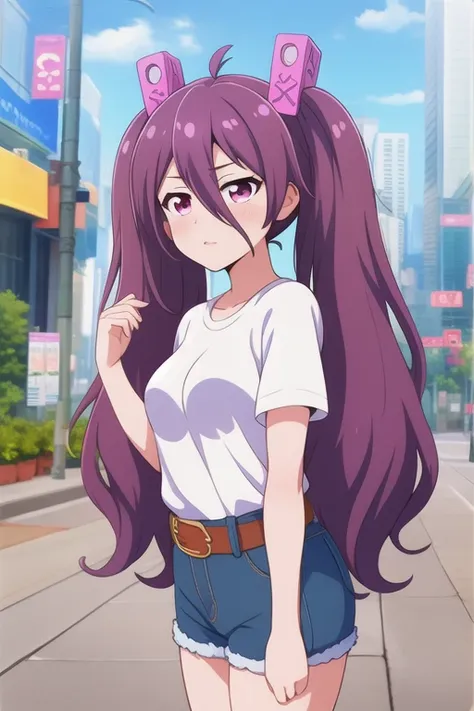 (masterpiece, best quality), tsubuzakianko, solo, outdoors, city, purple hair, antenna hair, twintails, hair ornament, hair between eyes, very long hair, pink eyes, medium breasts, white shirt, denim shorts, shorts rolled up, belt, closed mouth, pink lips,...