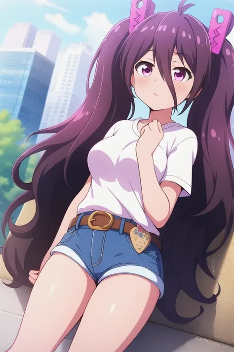 (masterpiece, best quality), tsubuzakianko, solo, outdoors, city, purple hair, antenna hair, twintails, hair ornament, hair between eyes, very long hair, pink eyes, medium breasts, white shirt, denim shorts, shorts rolled up, belt, closed mouth, pink lips,...