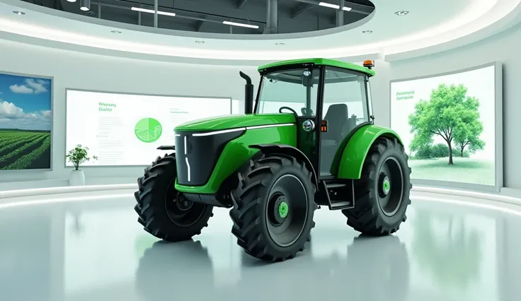 2025  E-Power Electric Tractor, a picture green colour street sides view in the showroom 