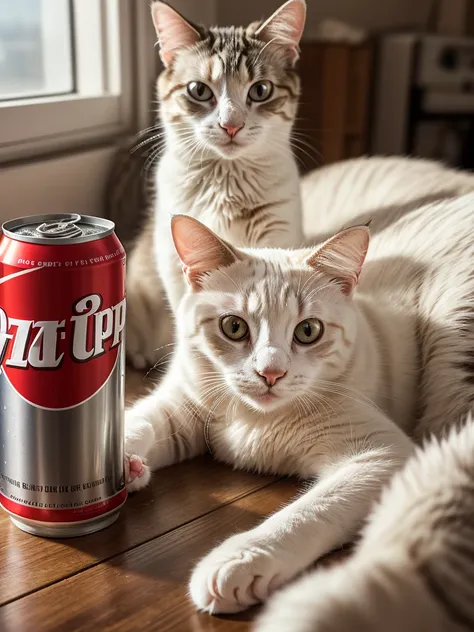 An angry white cat and kittens with 7-UP cans, 7-UP advertising, 7-UP merchandising,extremely detailed white cat,photorealistic,highly detailed,8K,masterpiece,vivid colors,beautiful lighting,dynamic composition,cinematic,editorial,product photograph
