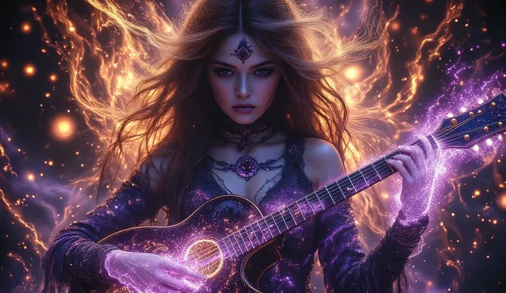 Long distance, aurora galaxy backdrop, beautiful demon girl playing guitar melody metal, full body shot, (long shot, full body view, far distance), (lighting: aurora glow), vibrant and ethereal lighting, dynamic pose, flowing hair, elegant and detailed cos...