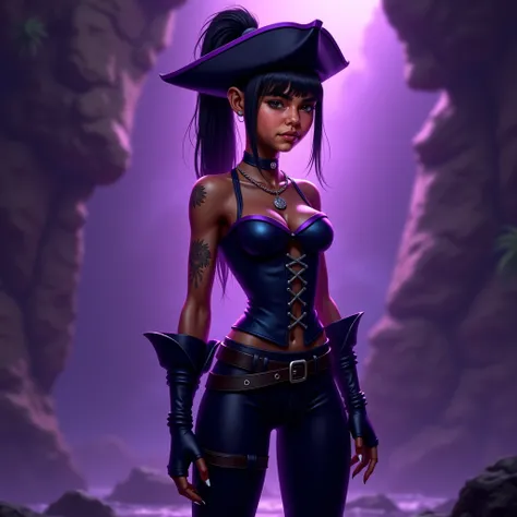 "A realistic young female pirate of Haitian descent with dark skin, straight bangs, and long black hair tied in a high ponytail. She has subtle tattoos on her arms and face, a slender and flat physique, and stands confidently facing forward. Her outfit inc...