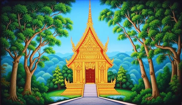 Mural Thai Painting. Thai small temple in a dense forest .the temple face forward. ancient trees, symmetric picture. The atmosphere is serene and harmonious, emphasizing the natural beauty and tranquility of the lush environment."