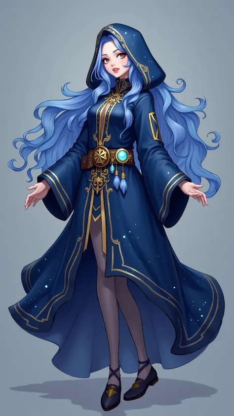 She has long, wavy blue hair and wears a robe of dark sky blue and gold. She wears a veil with constellation patterns on her head, while a small crystal ball that emits light hangs from her belt,, game illustration, whole body,27 years old, human,170 cm, l...