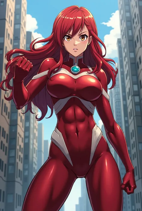 My Hero Academia Style , Anime girl, female, young female,muscular female,Full Body Shot,(fighting Pose:1.3),Long hair, Red Hair,  Brown Eyes,Hero Suit, Full Body Suit, red suit with white details,small round blue jewel in the center of the chest, perfect ...