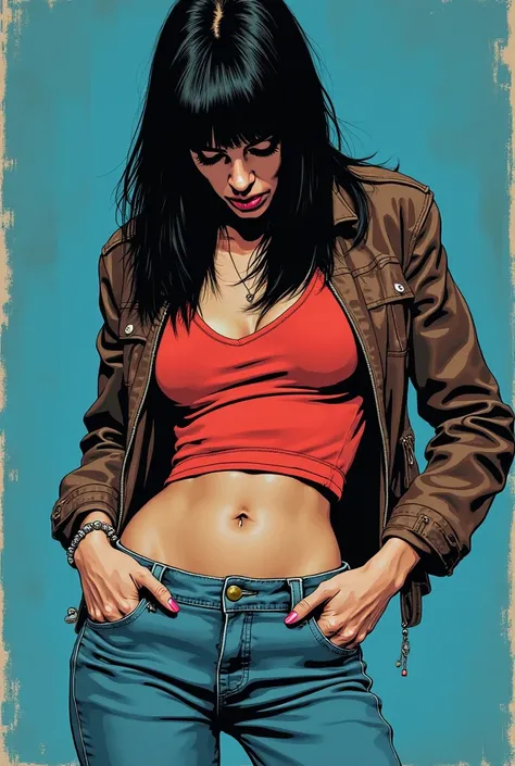 masterpiece,70s comics aesthetics, vintage fashion, desperately touches her crotch:1.3, unbuttoned jeans,sexual tension,retro atmosphere, deep blue, straigt long haircut