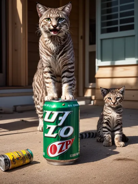 An angry bobcat and kittens with green 7-UP cans, 7-UP advertising, 7-UP merchandising,extremely detailed  bobcat,photorealistic,highly detailed,8K,masterpiece,vivid colors,beautiful lighting,dynamic composition,cinematic,editorial,product photograph
