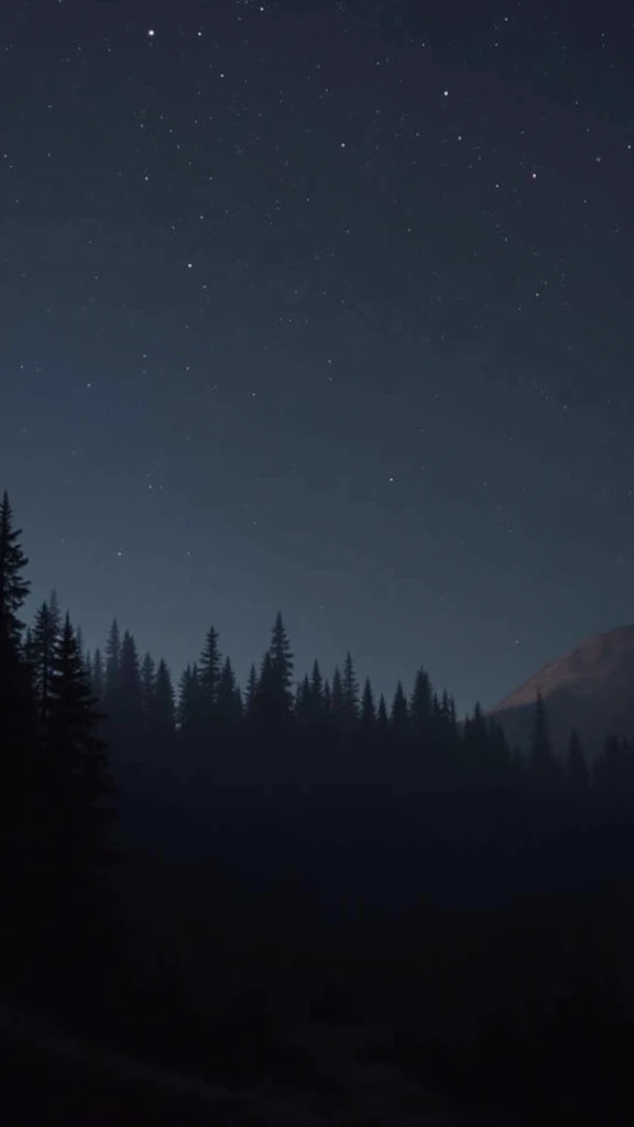 This image is a photograph of a night sky filled with stars above a dark silhouetted forest.

Subject Matter: The primary focus is the contrast between the dark, almost black, silhouette of a coniferous forest and the night sky speckled with numerous stars...